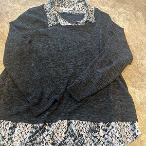 Rebecca Malone Petite Sweater - Grey with Pink Black Abstract Faux Blouse - PM